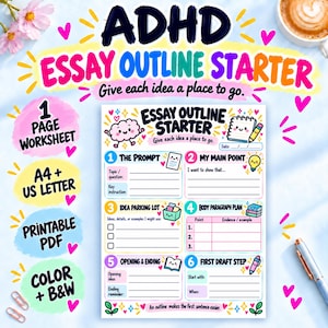 May include: An ADHD essay outline starter worksheet featuring six numbered sections including The Prompt, My Main Point, Idea Parking Lot, Body Paragraph Plan, Opening & Ending, and First Draft Step, with colorful cartoon icons and text.