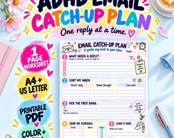 Könnte beinhalten: Ein farbenfrohes ADHD Email Catch-Up Plan Arbeitsblatt mit Abschnitten zum Sortieren von E-Mails, Auswählen von Nachrichten und Planen von Antworten. Das Dokument enthält Textaufforderungen, Kontrollkästchen und dekorative Symbole wie Herzen, Sterne und einen Regenbogen.