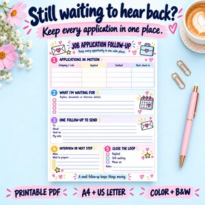 K&ouml;nnte beinhalten: Ein Job-Bewerbungs-Follow-up-Planer mit Abschnitten f&uuml;r laufende Bewerbungen, ausstehende Antworten, zu sendende Follow-ups, Vorstellungsgespr&auml;che und Abschluss. Das Design enth&auml;lt rosa und blaue Akzente, Herzsymbole und Text.