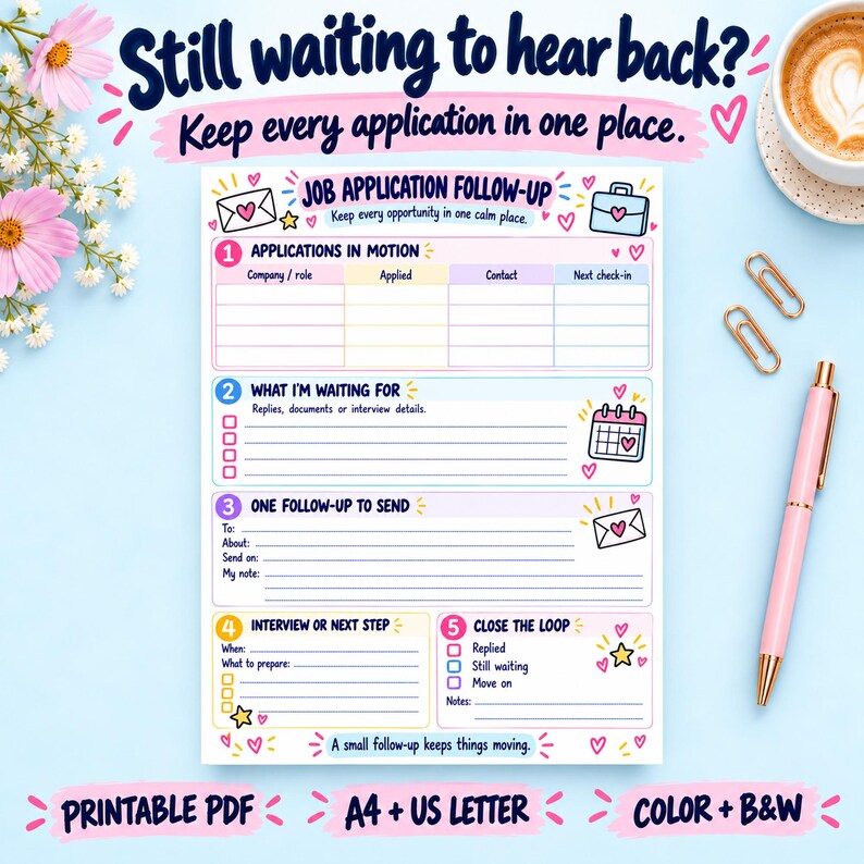 K&ouml;nnte beinhalten: Ein Job-Bewerbungs-Follow-up-Planer mit Abschnitten f&uuml;r laufende Bewerbungen, ausstehende Antworten, zu sendende Follow-ups, Vorstellungsgespr&auml;che und Abschluss. Das Design enth&auml;lt rosa und blaue Akzente, Herzsymbole und Text.