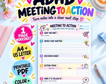Könnte beinhalten: Ein druckbares ADHD-Meeting-Arbeitsblatt mit dem Titel Meeting to Action. Das Dokument enthält fünf Abschnitte: Why We Met, Notes That Matter, Decisions Made, Action Items und Park It & Follow Up, mit Linien für Notizen und Kontrollkästchen.