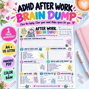 Può includere: Un foglio di lavoro stampabile ADHD After Work Brain Dump con otto sezioni numerate per la riflessione quotidiana, la gestione delle attività e la cura di sé. Il documento include caselle di controllo, tracker dell'umore e suggerimenti per organizzare i pensieri, pianificare il domani e dare priorità al relax.