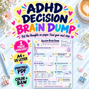 Hoja de trabajo imprimible para la toma de decisiones en el TDAH, lluvia de ideas con pros y contras, comparación de valores y opciones, planificador de claridad para adultos en formato PDF tamaño A4.