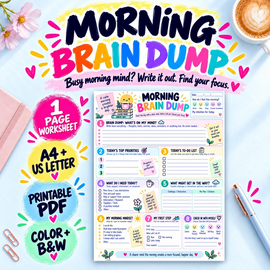 Morning Brain Dump Worksheet, Daily Focus Planner, Top 3 Priorities Printable PDF, Morning Reset ...