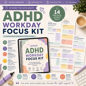 May include: An ADHD Workday Focus Kit planner with a spiral binding, featuring a cover with pastel purple, orange, and green shapes. The kit includes 14 practical support pages with sections for workday planning, focus sprints, and task management.