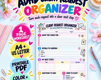 Könnte beinhalten: Ein druckbares ADHD Client Request Organizer Arbeitsblatt mit Abschnitten für Kundendetails, Projektaufgaben und nächste Schritte. Das Dokument enthält nummerierte Felder, Kontrollkästchen und dekorative Symbole wie Herzen und Sterne in einem farbenfrohen Layout.