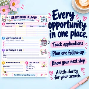 K&ouml;nnte beinhalten: Ein Job-Bewerbungs-Nachverfolgungsblatt mit f&uuml;nf Abschnitten: Applications in Motion, What I'm Waiting For, One Follow-up to Send, Interview or Next Step und Close the Loop. Die Seite hat rosa, blaue und gelbe Akzente mit Herz- und Sternsymbolen.