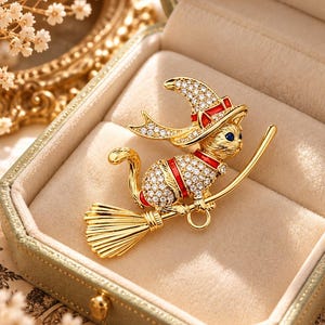 Puede incluir: Un broche de gato en tono dorado que muestra a un gato con un sombrero puntiagudo montado en una escoba. El gato y el sombrero están incrustados con cristales transparentes y acentuados con rayas de esmalte rojo. Tiene ojos de cristal azul.