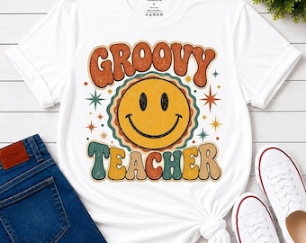 Groovy Teacher Shirt, Retro Smiley Face Tee, Vintage Teacher Appreciation Gift, Back to School Unisex T-Shirt