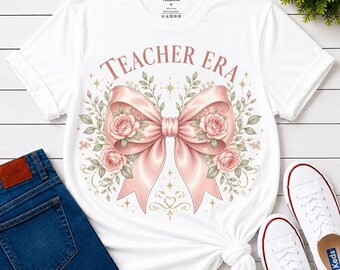 Teacher Era Shirt, Vintage Botanical Bow Tee, Sage Green Floral Top, Teacher Appreciation Gift, Unisex T-Shirt