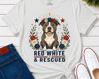 Red White Rescued Pit Bull Shirt, Vintage Patriotic Dog Tee, 4th of July Gift for Rescue Volunteer, Unisex T-Shirt
