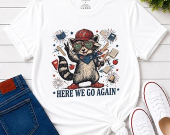 Here We Go Again Teacher Shirt, Funny Raccoon Back to School Tee, Kindergarten Educator Gift, Cute Classroom Outfit, Unisex T-Shirt