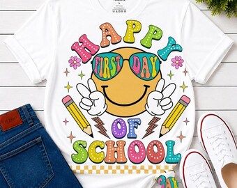 Happy First Day of School Smiley Face Shirt, Retro Peace Sign Tee, Kindergarten Student Gift, Yellow Sunglasses Emoji Unisex T-Shirt