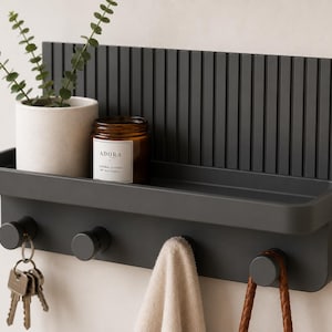 May include: A matte dark gray wall-mounted shelf featuring a vertical ribbed back panel and four cylindrical hooks. The shelf holds a white ceramic pot with a green plant and a brown glass candle jar labeled ADORA. Keys and fabric hang from hooks.