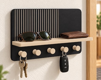 Modern  Key Holder with Shelf – 5 Hooks, Entryway Organizer - 3D Printed