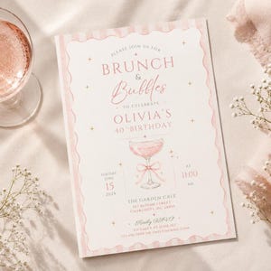 Invitación de cumpleaños editable para brunch y burbujas, descarga digital - Plantilla de Canva