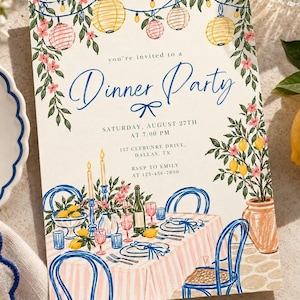 May include: A rectangular dinner party invitation card featuring a hand-drawn illustration of a table set with pink striped linens, blue chairs, and a lemon tree. The text reads: you're invited to a Dinner Party, Saturday, August 27th at 7:00 PM, 137 Clebunre Drive, Dallas, TX, RSVP to Emily at 123-456-7890.