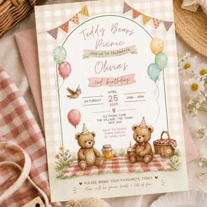 Plantilla editable de invitación de cumpleaños para picnic con ositos de peluche - Descarga digital para Canva