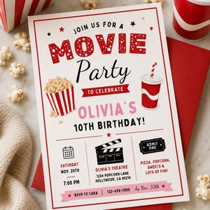 映画鑑賞会招待状テンプレート | 子供向けの編集可能なCanva誕生日招待状