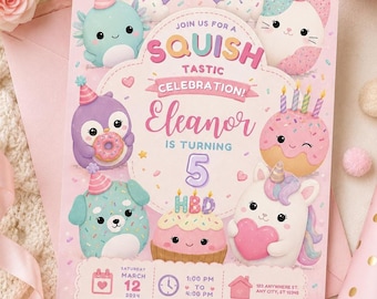 Editable Squish Plushie Birthday Invitation Template, Digital Download for Kids' Parties