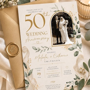 50th Golden Wedding Anniversary Invitation, Editable Canva Template, Digital Download