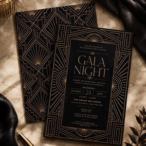 Könnte beinhalten: Eine schwarze Einladungskarte mit goldenen geometrischen Art-déco-Mustern und dem Text GALA NIGHT, DINNER, ENTERTAINMENT, AUCTION, SATURDAY OCTOBER 24 2025, 6:00PM-11:30PM, THE GRAND BALLROOM, 123 ELEGANCE DRIVE, SYDNEY NSW 2000, DRESS CODE BLACK TIE.
