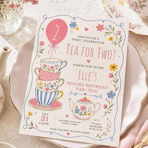 Invito di compleanno per un tè a due con motivi floreali / Festa in giardino con tazze da tè vintage (modello Canvas)