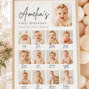 Puede incluir: Un cartel rectangular con marco de madera titulado Amelia's First Birthday, que presenta una foto grande en la parte superior y doce fotos mensuales de hitos de un bebé. El texto incluye la fecha 24 de agosto de 2024, 12:30 PM y Adelaide, SA.
