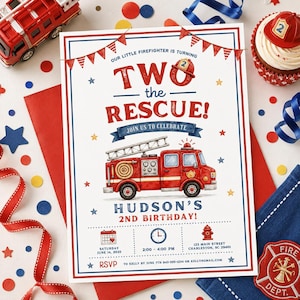Fire Truck Party Invitation Template, Editable Two the Rescue Birthday Invite - Digital Download