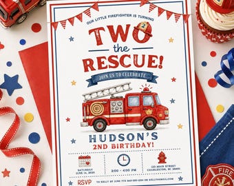 Fire Truck Party Invitation Template, Editable Two the Rescue Birthday Invite - Digital Download