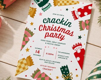 May include: A white Christmas party invitation card featuring colorful illustrations of holiday crackers in red, green, and gold. The text reads: Join us for a crackin Christmas party, Good food, great company & festive cheer, Saturday 14 December 6:30PM.