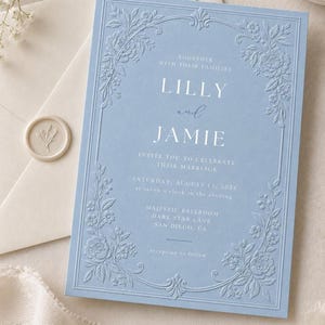 Floral Blue Embossed Lace Wedding Invitation Editable Template, Digital Download for Canva