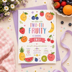 Editable Two-Tti Fruity Birthday Invitation Template, Digital Download for Canva