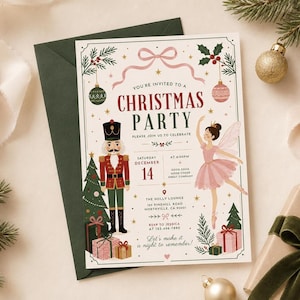 Plantilla de invitación para fiesta navideña del Cascanueces, diseño editable en Canva para celebraciones navideñas.