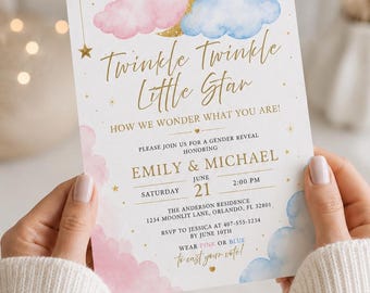Invitación editable para fiesta de revelación de género, plantilla Canva "Twinkle Little Star"