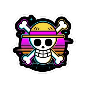 May include: A sticker featuring a white skull wearing a yellow straw hat with a pink band, positioned over crossed white bones. The design includes a vibrant sunset background with horizontal lines, a grid pattern, and small four-pointed stars.