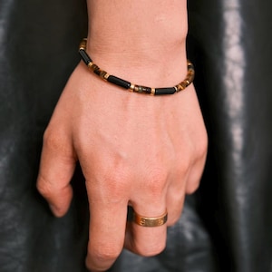 Tigeröga armband i svart onyx, 14K guldfyllt, minimalistiska moderna pärlsmycken