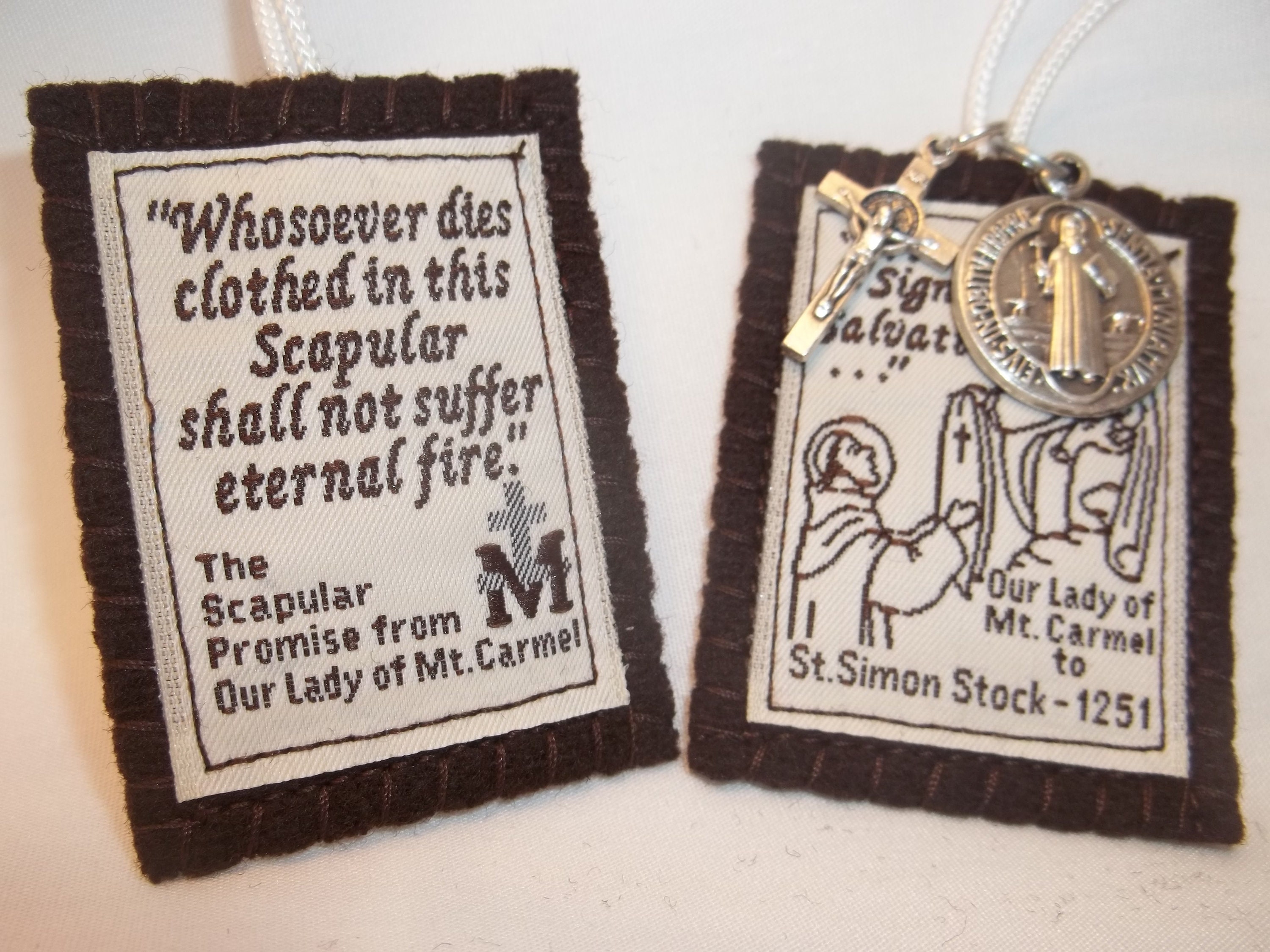 Unbreakable Brown Scapular of Our Lady of Mt. Carmel with faces Handmade and DURABLE