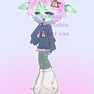 May include: A digital illustration of a green-skinned character with pink hair, antennae, and pointed ears. The character wears a dark sweater with a yellow warning triangle, a light purple skirt, green fishnet leggings, and oversized white pants.