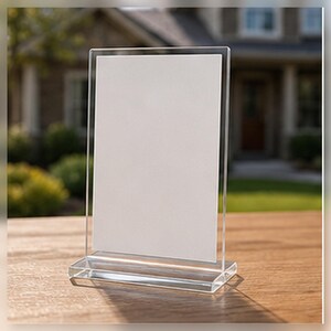 Pode incluir: Um suporte de sinalização transparente em acrílico, com uma área de exibição retangular e uma base estável. Projetado para ficar em pé em uma superfície plana, ideal para menus ou fotos. Ao fundo, uma casa e vegetação.