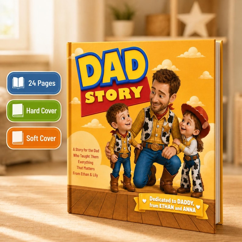 May include: A yellow hard cover book titled DAD STORY featuring an illustration of a man and two children dressed in cowboy-style clothing. The cover includes the text A Story for the Dad Who Taught Them Everything That Matters From Ethan & Lily.