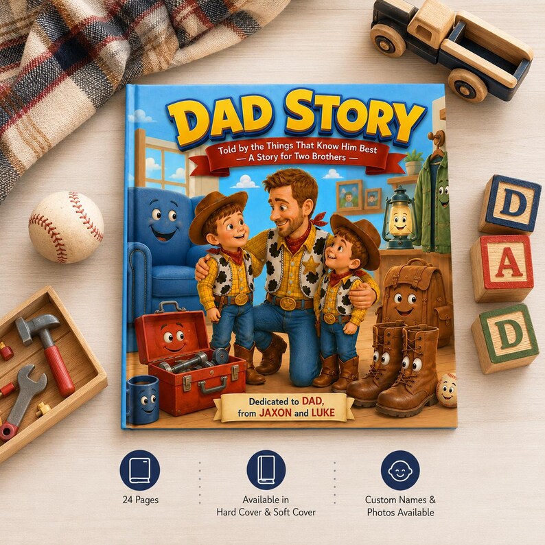 May include: A hardcover children's book titled DAD STORY, featuring an illustration of a father and two sons dressed in western-style clothing. The cover includes the text Told by the Things That Know Him Best and Dedicated to DAD, from JAXON and LUKE, with a blue armchair, a red toolbox, and brown boots in the scene.