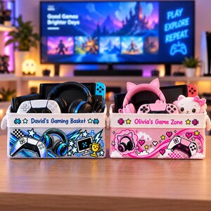 Personalized Gaming Storage Basket, Custom Name Gamer Organizer Bin, Video Game Controller Storage, Game Room Decor, Gamer Gift for Kids
