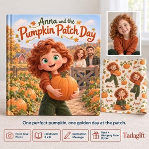May include: A hardcover children's book titled Anna and the Pumpkin Patch Day, featuring a cartoon girl with curly red hair holding a pumpkin. Includes a photo of a child, matching wrapping paper, and the text One perfect pumpkin, one golden day at the patch.