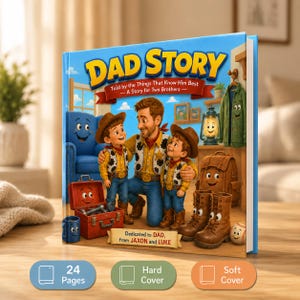 May include: A hardcover book titled DAD STORY, Told by the Things That Know Him Best, A Story for Two Brothers. The cover features an illustration of a father and two sons in cowboy attire, surrounded by anthropomorphic objects like a toolbox and boots.