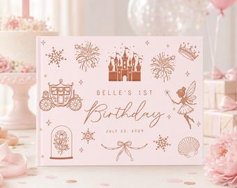 Libro de cumpleaños personalizado, libro de firmas de cumpleaños con castillo de princesa de cuento de hadas, regalo de cumpleaños