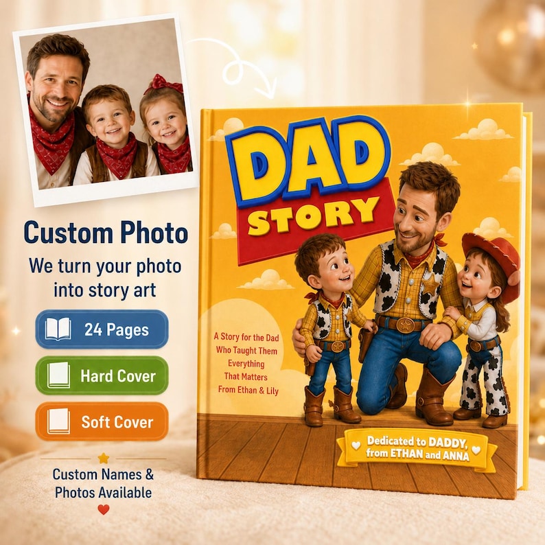 May include: A custom storybook titled DAD STORY featuring a cartoon illustration of a father and two children dressed as cowboys. The cover includes the text A Story for the Dad Who Taught Them Everything That Matters From Ethan & Lily and a dedication.