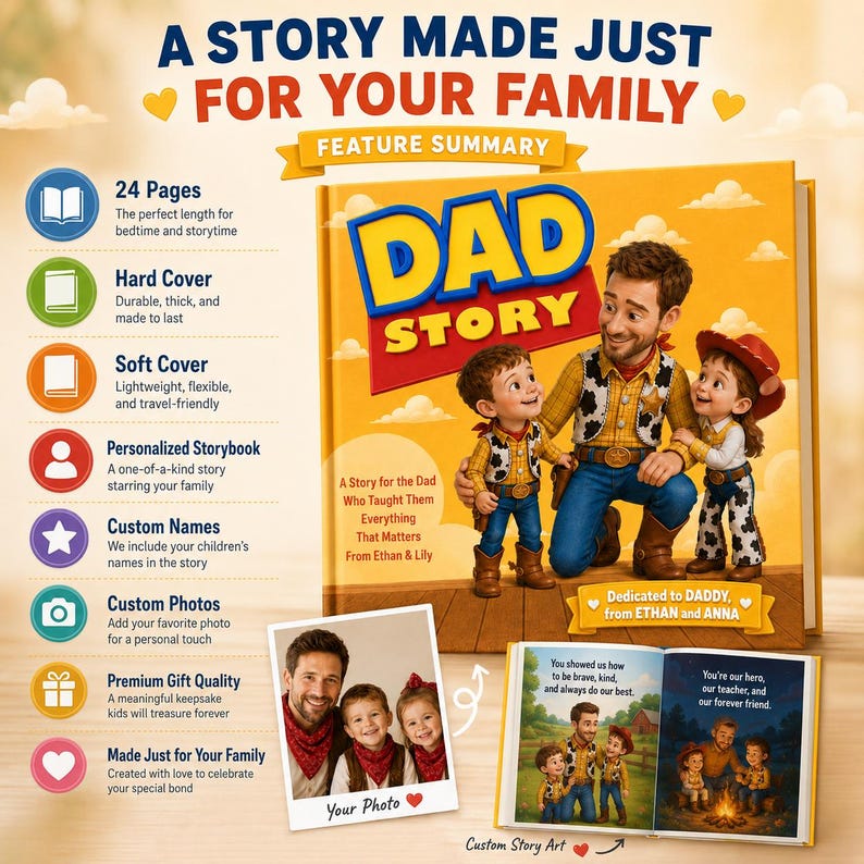 May include: A personalised children's storybook titled DAD STORY featuring a yellow cover with an illustration of a father and two children dressed as cowboys. The book includes custom names, photos, and 24 pages. A sample photo and open book pages are shown.