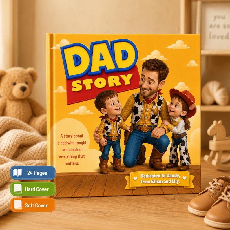 May include: A hardback book titled DAD STORY with a yellow cover featuring an illustration of a father and two children dressed in cowboy-themed outfits. The text reads A story about a dad who taught two children everything that matters.
