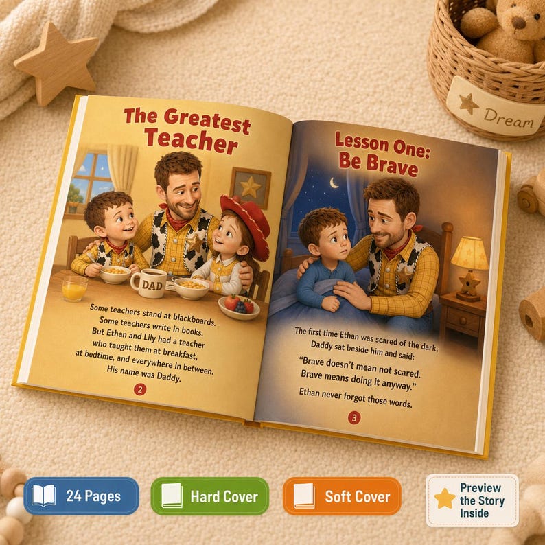 May include: An open children's book with illustrations of a father and two children. The left page is titled The Greatest Teacher and shows them eating breakfast. The right page is titled Lesson One: Be Brave and shows the father comforting a child.
